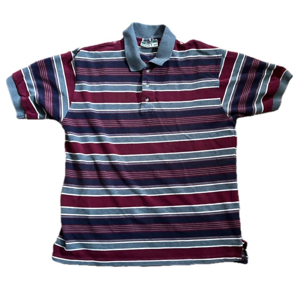 Vintage Hunt Club Gran Tour Striped Polo Shirt Sz Large Burgundy Navy Blue Gray - Picture 1 of 5